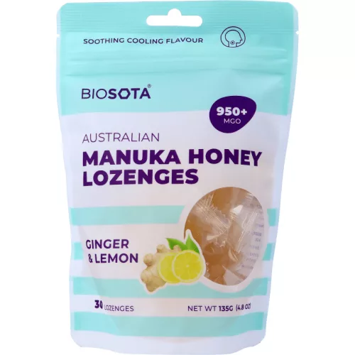Manuka cukorka 950+ manukával, gyömbéres citromos 135g, 30 db (Biosota)