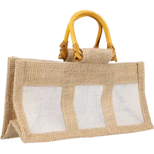 Ablakos dísztasak juta anyagból, rattan foganytúval 3x250g-os mézes üveghez