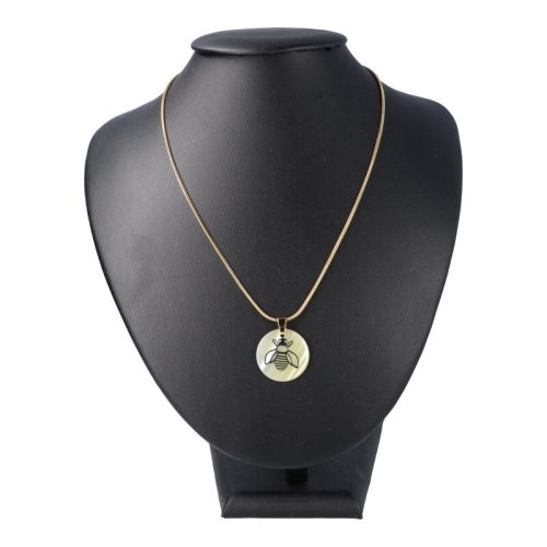 Gyöngyház medál, méhecskés, nemesacél láncon, arany színű, kb. 45 cm