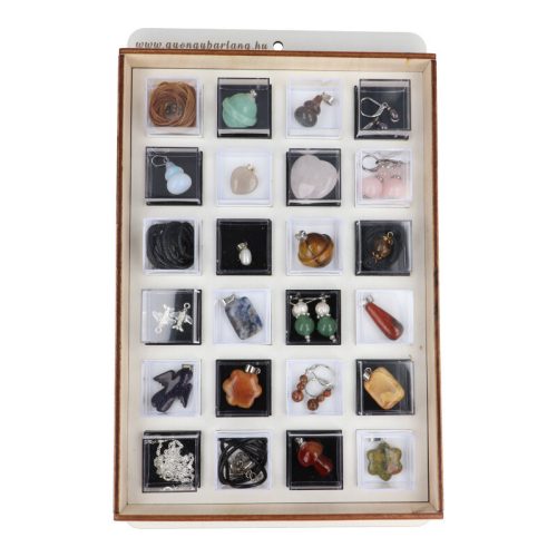 Ásványékszer Kollekció, ásványgyűjtemény, 24 db-os, műanyag dobozokban, fatartóban 