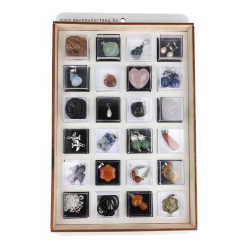 Ásványékszer Kollekció, ásványgyűjtemény, 24 db-os, műanyag dobozokban, fatartóban 