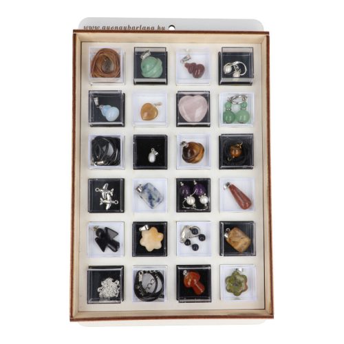 Ásványékszer Kollekció, ásványgyűjtemény, 24 db-os, műanyag dobozokban, fatartóban 