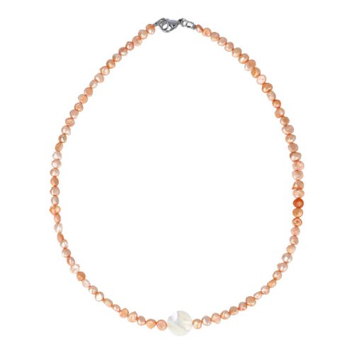 Potátó, színezett, narancs színű tenyésztett gyöngy nyaklánc, kerek gyöngyházzal 40 cm