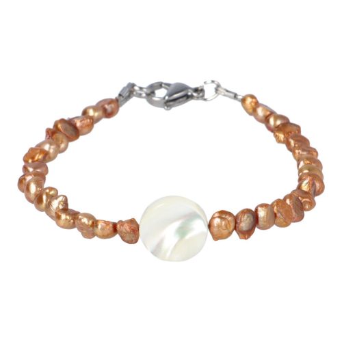 Potátó, színezett, világosbarna tenyésztett gyöngy karkötő gyöngyházzal