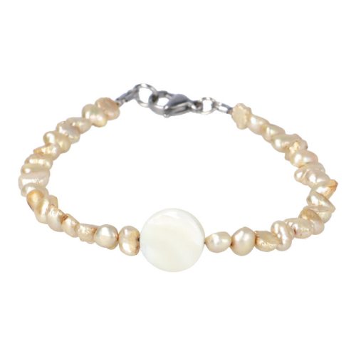 Potátó, színezett, sárgás drapp tenyésztett gyöngy karkötő gyöngyházzal