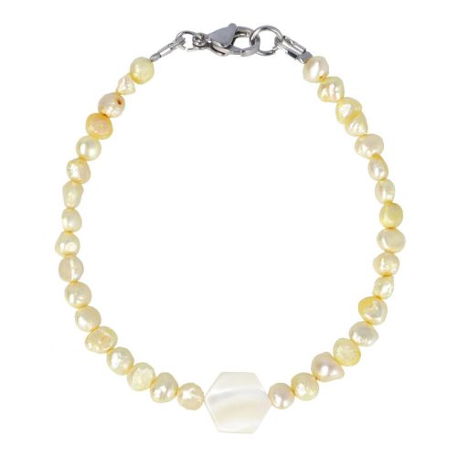 Potátó, színezett, citromsárga tenyésztett gyöngy karkötő, méhsejt alakú gyöngyházzal