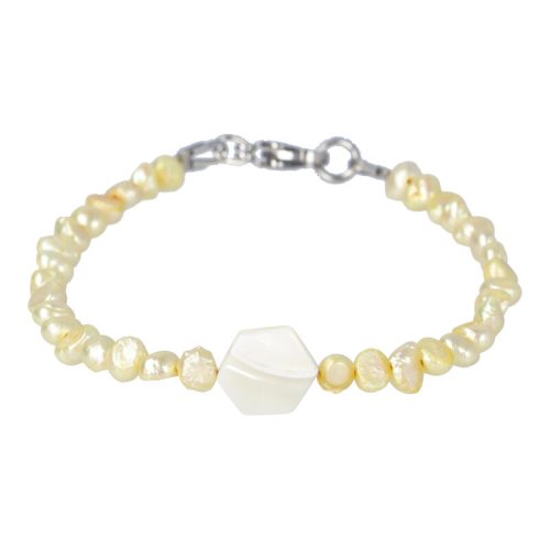 Potátó, színezett, citromsárga tenyésztett gyöngy karkötő, méhsejt alakú gyöngyházzal