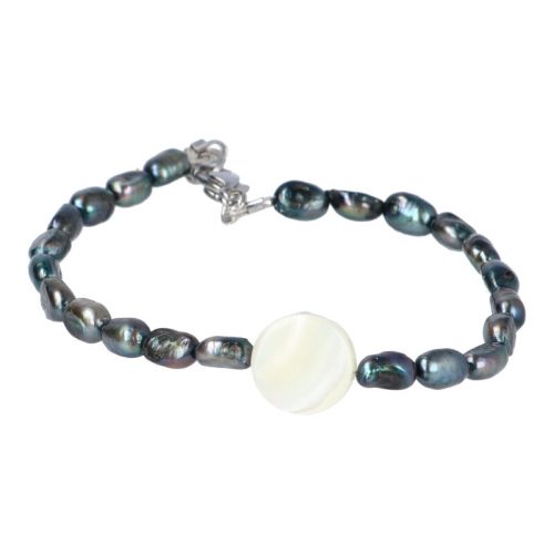 Potátó, színezett, zöldesszürke tenyésztett gyöngy karkötő gyöngyházzal